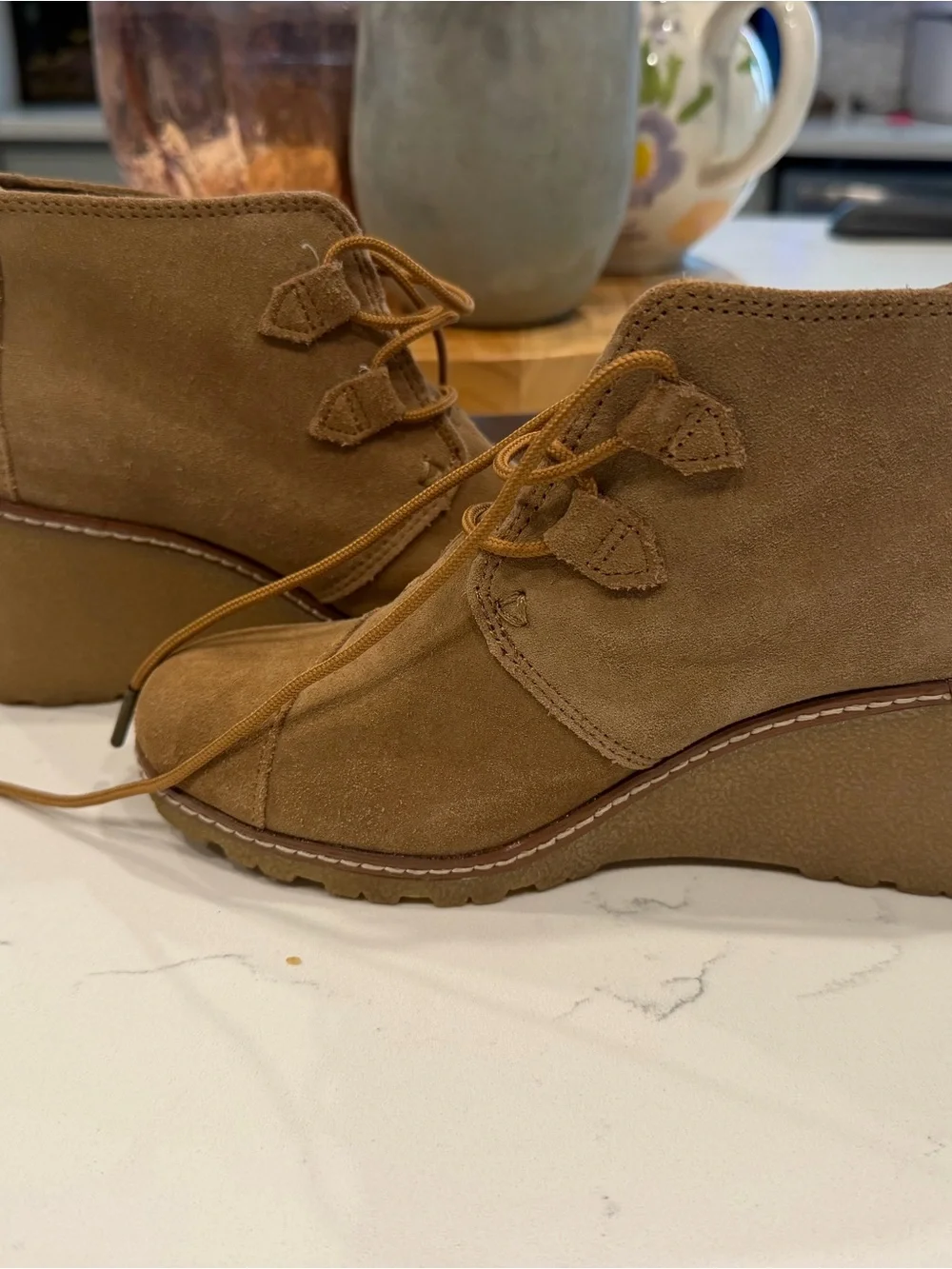 Toms Suede Lace-Up Wedge Booties in Brown